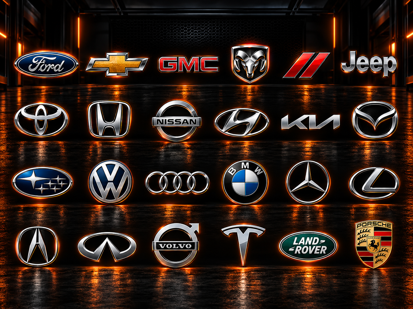 Vehicle brand logos representing foreign and domestic makes serviced by Derby Automotive in Ocala, Dunnellon and surrounding areas.