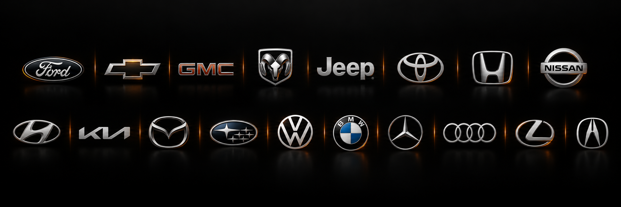 Car logos of foreign and domestic brands serviced by Derby Automotive in Ocala and Dunnellon, Florida, including cars, trucks, trailers and fleet vehicles.